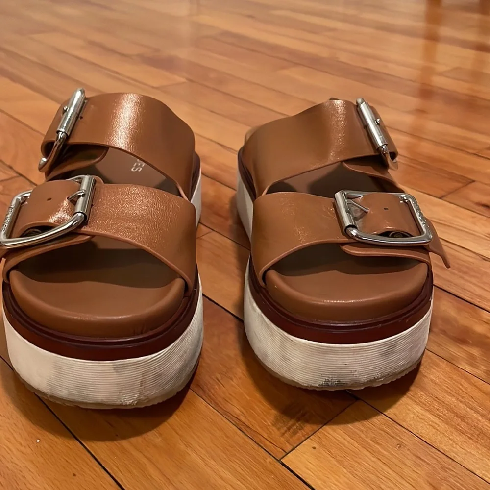 J Slides Brown Double Buckle Platform Sandals